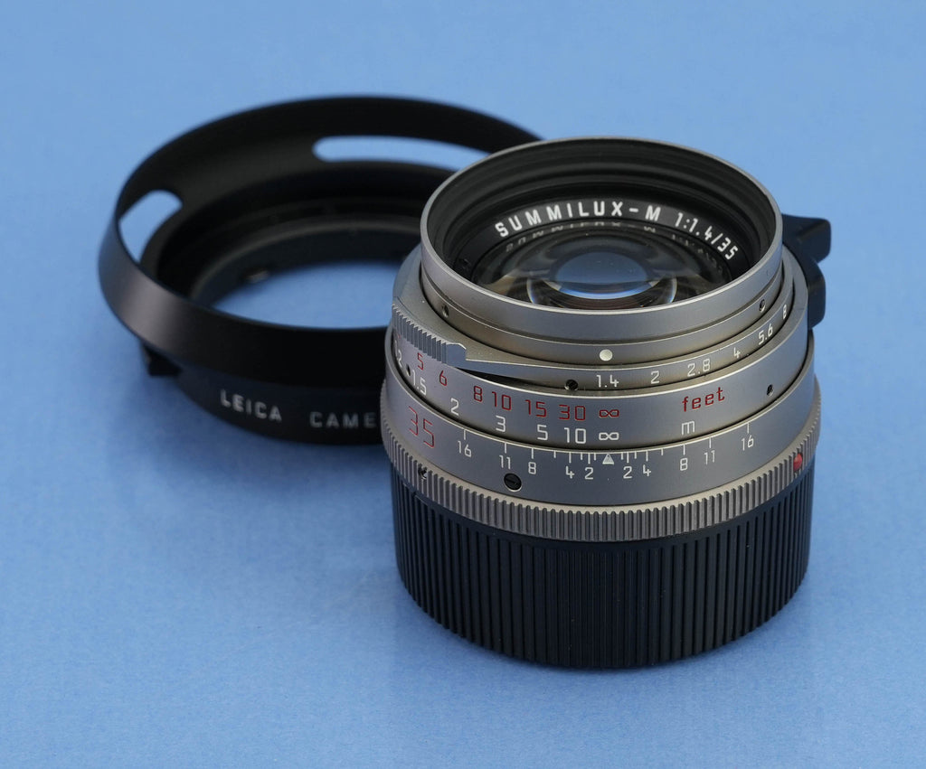 LEICA 11860 35MM SUMMILUX-M F1.4 TITANIUM GERMANY BRASS LENS +12504 SHADE  SET!