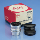 LEICA LEITZ 21MM SUPER-ANGULON F3.4 CHROME M 11103 LENS +CAPS +SHADE +BOX MINT